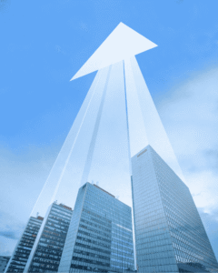 Low-angle view of modern glass skyscrapers beneath a glowing white arrow-shaped form, conveying ambition, progress, and a hopeful urban mood.