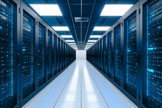 A brightly lit led data center aisle lined with tall server racks glowing blue, creating a clean, futuristic, secure high-tech atmosphere, energy efficiency, kWh, Utility